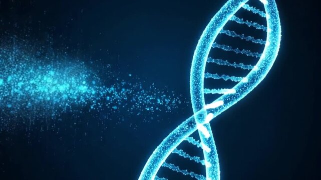 Glowing blue dna double helix structure on dark background with particles