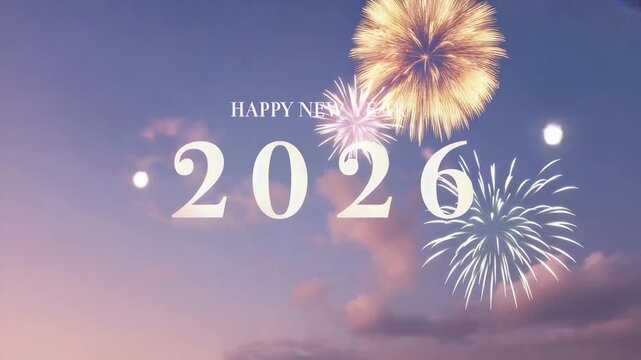 Happy new year 2026 fireworks celebration in the evening sky with clouds
