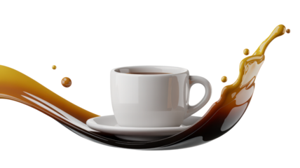 A white coffee cup with a splash of brown coffee on it sits on a white plate. The cup is positioned in the middle of the plate, with the splash of coffee extending outwards from it