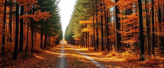 Golden autumn forest path lined with pines, fall foliage ,  landscape,  pine