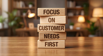 Decorative wooden blocks with motivational message focusing on customer needs priorities
