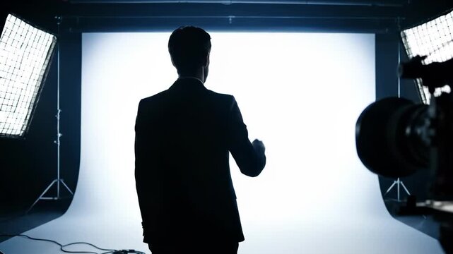 Silhouette of businessman taking an oath or giving a speech in front of a bright white background with studio lighting and camera equipment