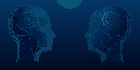 Digital minds Two robotic heads with internal mechanisms in a dark blue setting