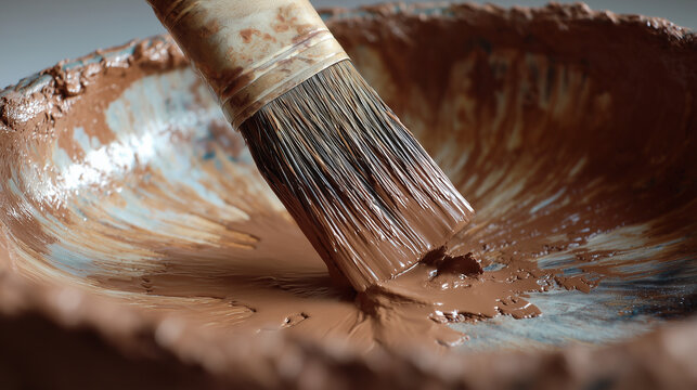Macro of clay slip being applied with brush, glossy sheen and rough clay body beneath