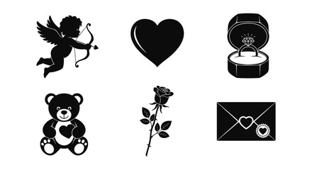 Romantic symbols set: cupid, heart, ring, bear, rose, love letter in silhouette