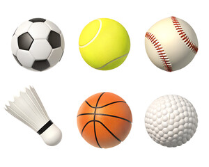 3D icon set of sports equipment: soccer ball, football, basketball, tennis racket, baseball bat, baseball glove, golf club, badminton shuttlecock. 3d icon set isolated