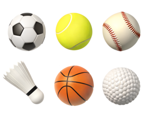 3D icon set of sports equipment: soccer ball, football, basketball, tennis racket, baseball bat, baseball glove, golf club, badminton shuttlecock. 3d icon set isolated