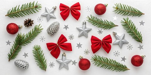 New Christmas composition. Christmas decorations, fir branches, red bows on white background. Flat lay, top view, copy space
