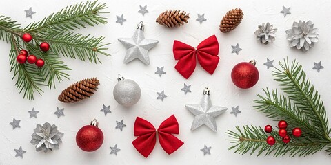 New Christmas composition. Christmas decorations, fir branches, red bows on white background. Flat lay, top view, copy space