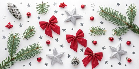 New Christmas composition. Christmas decorations, fir branches, red bows on white background. Flat lay, top view, copy space