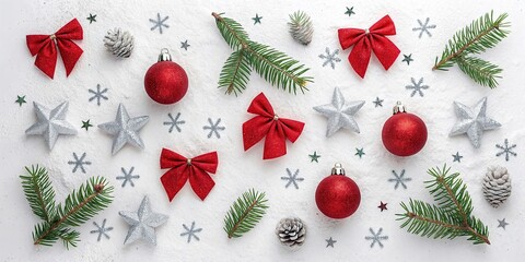 New Christmas composition. Christmas decorations, fir branches, red bows on white background. Flat lay, top view, copy space