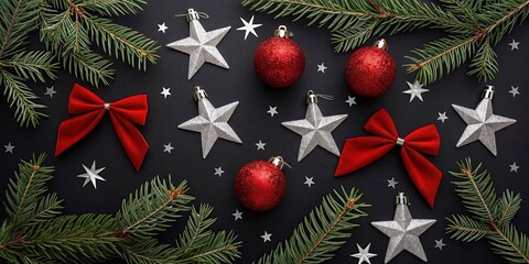 New Christmas composition. Christmas decorations, fir branches, red bows on white background. Flat lay, top view, copy space