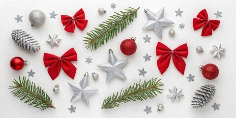 New Christmas composition. Christmas decorations, fir branches, red bows on white background. Flat lay, top view, copy space