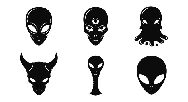 Mysterious alien faces: black silhouette set with unique designs