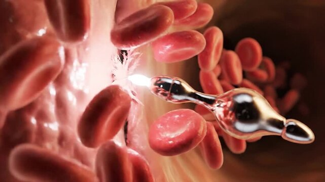 Futuristic Nanobot Repairing Blood Vessel. Microscopic Red Blood Cells Flowing with Medical Nanotechnology.