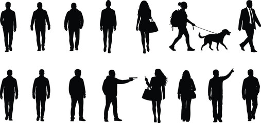 Assortment of high-quality vector silhouettes featuring a diverse range of people in walking, standing, and interacting poses for graphic design applications