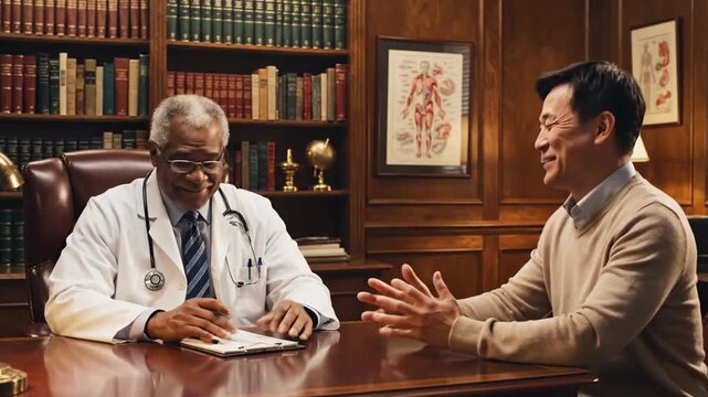 Engaging Doctor-Patient Consultation in Classic Medical Office Setting with Warm Lighting and