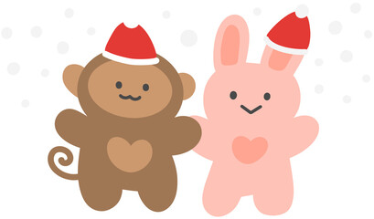 Cute Animal Character Wearing Santa Hat Hand Drawn Christmas Illustration
