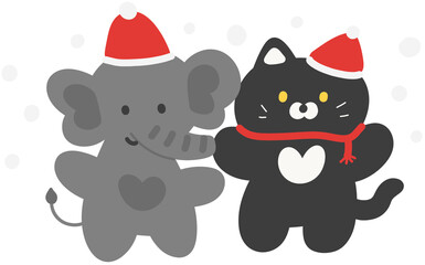 Cute Animal Character Wearing Santa Hat Hand Drawn Christmas Illustration
