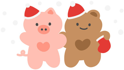 Cute Animal Character Wearing Santa Hat Hand Drawn Christmas Illustration