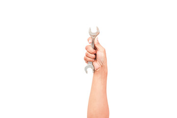 Hand Holding Metal Wrench Against White Background with Focus on Grip and Tool Detail