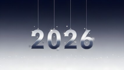 Shiny silver 2026 numbers with delicate snowflakes suspended against elegant gradient background