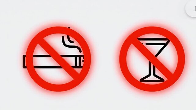 No smoking and no alcohol signs icon set, prohibition symbols for cigarettes and martini glass isolated on white background