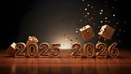 Wooden 2025 changing to 2026 with confetti falling on dark background, symbolizing transition to new year