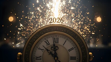 Antique clock with 2026 and sparkling fireworks in a festive new year celebration