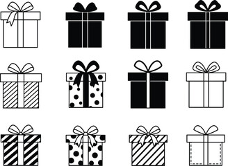 Stylized gift box icons, festive clipart, holiday vector, black and white, ribbon bow, wrapping design, seasonal decor, celebration graphic.