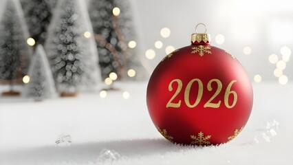 Red christmas ornament with golden 2026 text on a snowy background with blurred fir trees and bokeh lights
