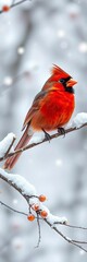 Fototapeta premium Bright red cardinal perched on a winter branch, a splash of color against snow, frost, nature