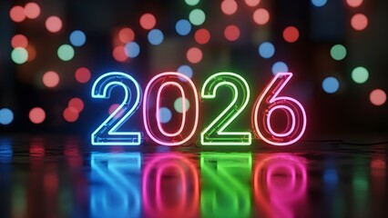 Neon glowing 2026 numbers in vibrant colors reflecting on a wet surface with blurred bokeh lights in background