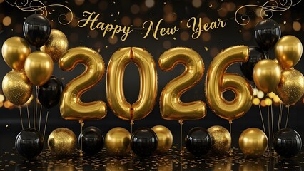 Happy new year 2026 celebration with golden foil balloons and black and gold party decorations