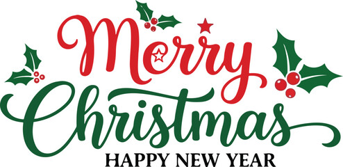 Merry Christmas in cursive font text vector for Christmas banner, card printable, gift tags, sign, Happy new year, clipart, holiday cards, social media post, email signature.eps