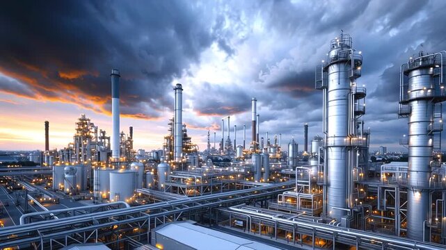 Industrial landscape with oil and gas refinery plant at sunset under cloudy sky, complex pipelines, distillation towers, storage tanks and metal structures