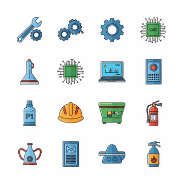 Set di icone piatte colorate che rappresentano industria, tecnologia, sicurezza e strumenti vari.