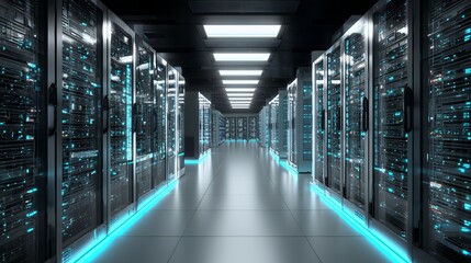 Cloud Data Center Infrastructure Visualization Futuristic Digital Servers. Server Racks Corridor, High-Tech Networking and Fiber Optic Cables 4K.