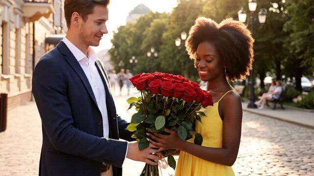 Man giving red roses to smiling woman in yellow dress on sunny city street, romantic date or Valentine's Day