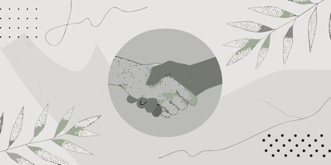 A visual representation of a handshake with abstract botanical elements