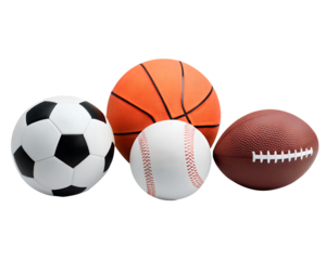 Collection of various sports balls including football basketball baseball tennis and golf isolated on transparent background