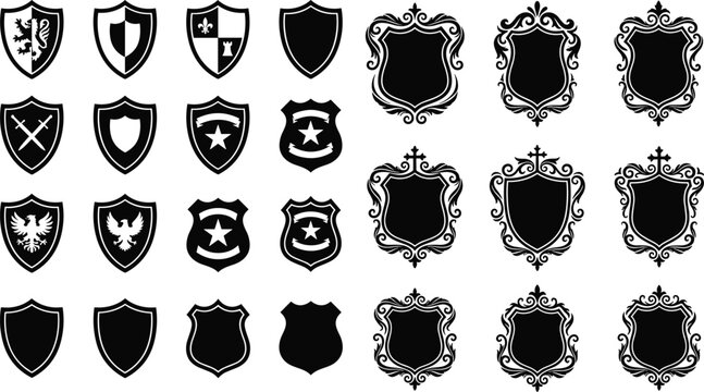 Shield icon collection, heraldic emblems, fantasy symbols, security badges, black red white design, medieval and decorative vector set