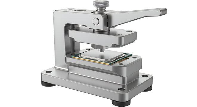 High-precision manual press tool for electronic component assembly, featuring durable metallic construction and intricate manufacturing, isolated on transparent background