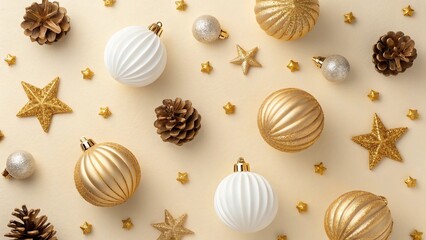 Christmas greeting card. Noel festive background. New Year symbol. Christmas tree branch, golden stars, balls. Copy space.  Flat lay. Top view.