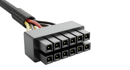 Realistic close-up of a modern black computer power supply unit (PSU) cable connector with multiple wires, featuring a 12-pin design, isolated on transparent background