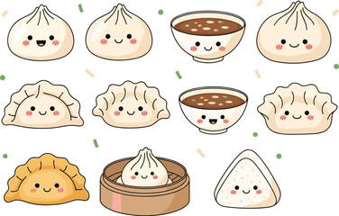Cute Cartoon Dumpling, Bun, and Soup Bowl Vector Set, Asian Food, Dim Sum, Chinese Cuisine, and Kawaii Character Illustration.