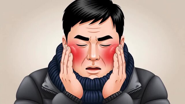 Emotional Man Experiencing Discomfort with Blushing and Hand on Face in Winter Clothing