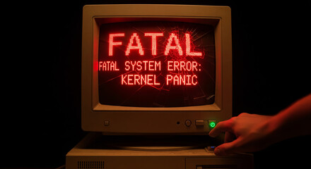 Fatal System Error Red Text on Broken Retro Screen