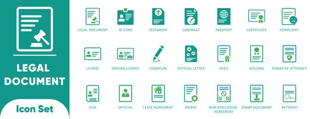 Legal document and contract vectors. Features patent, deed, will, license, and affidavit symbols. Ideal for law firm UI, notary apps, and court forms.