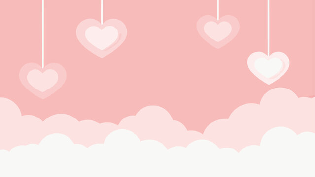 A dreamy pink sky background with cute hanging hearts and fluffy clouds